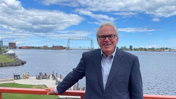 George Goldfarb in front of the Aerial LIft Bridge 