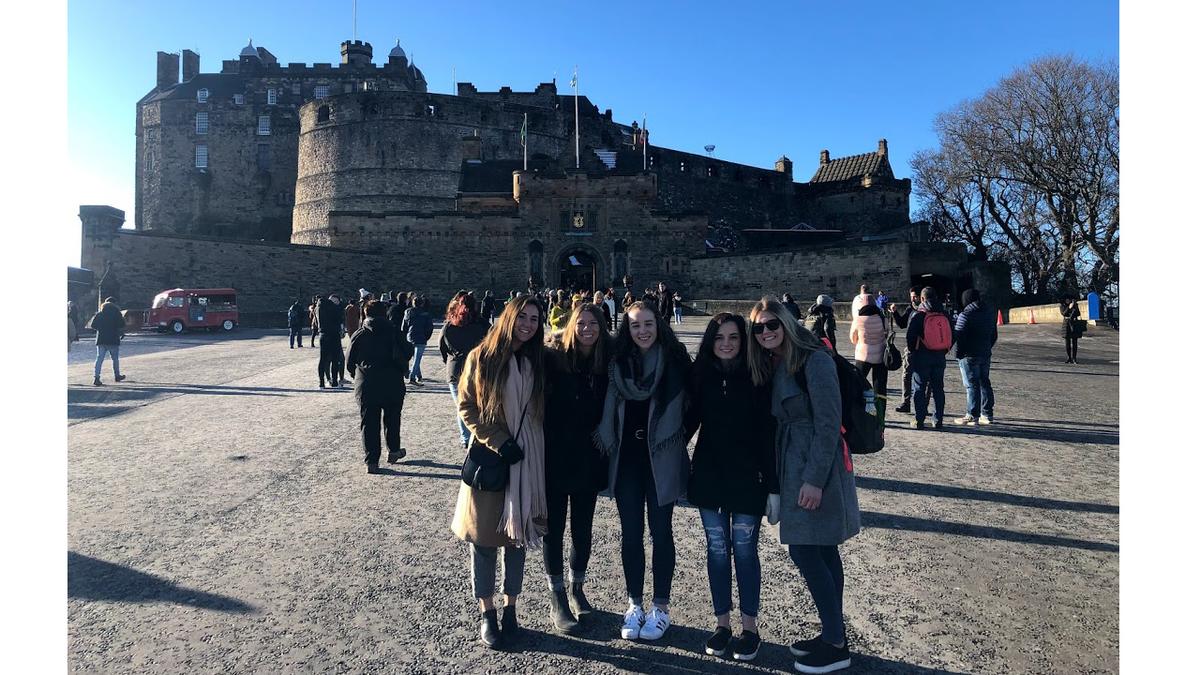 Courtney Cornelius (right) at Edinburgh Castle with study abroad friends Lauren Graziano from Monument, Colo., Mara Mann from Thousand Oaks, Calif., Claire Martin from Seattle, Wash., and Kamille Ditommaso from Decatur, Ill.   